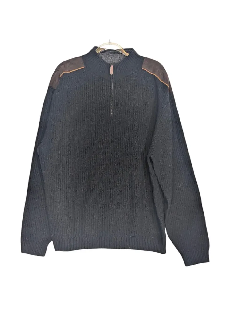 Cutter & Buck Black Quarter Zip Mock Neck Sweater Suede Shoulder Elbow XXL New
